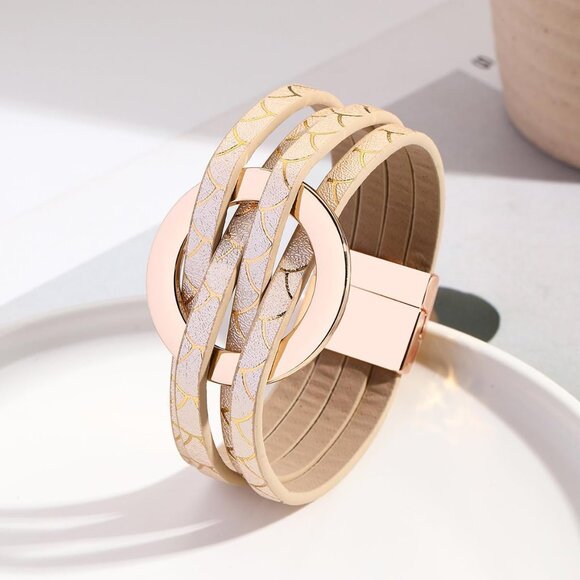 Gold Charm Leather Wrap Strand Bracelet Handmade Cuff Bracelets for Women - Picture 2 of 2